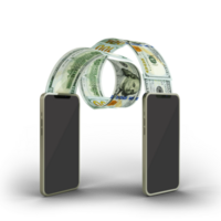 Transferring US dollar notes from one mobile phone to another. Online money transfer concept. money coming out of mobile phone isolated on transparent background png