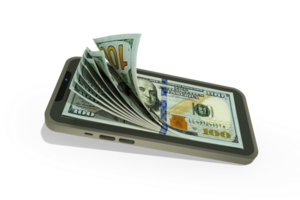 US dollar notes inside a mobile phone isolated on transparent background. money coming out of mobile phone png