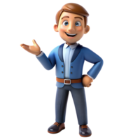 Cartoon character of a brown-haired man, standing with his hands raised in a confident gesture. 3D character design. png
