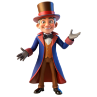 3D model Charming Magician Character Standing in a Blue and Red Tailcoat with a Top Hat png