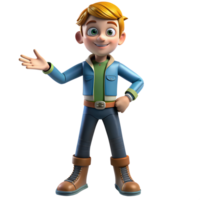 Cartoon character of a man with yellow hair, standing with his hands raised in a confident gesture. 3D character design. png