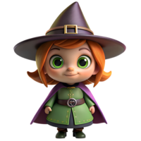 3D Model of Witch. The character's bright green eyes and friendly expression add a playful touch, making her the perfect representation of Halloween's fun and whimsical side. png
