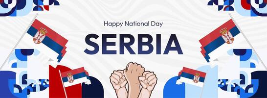 Serbia National Day Banner in creative geometric style. Wide banner suitable for independence greeting card and more event backgrounds with Serbian flag. 15th February. Happy Statehood Day of Serbia vector