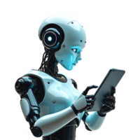 A robot is holding a tablet in its hand on transparency background png