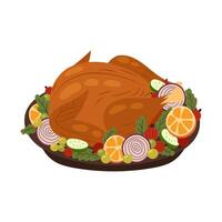 Roast poultry on a platter with oranges. Roast chicken, duck or turkey in flat style. A festive dish on a white background. vector