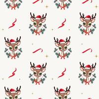 Winter seamless pattern with cute reindeer in a hat. Xmas patterns. Christmas backgrounds. New year decorations. vector
