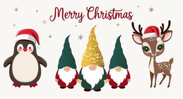 Winter characters set. Merry Christmas set with penguin, deer in hat, gnomes. For banner, card, package. vector