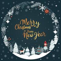 Christmas card, frame with snowflakes, trees and golden lettering. Winter concept in scandi style. New year, Merry Chrisrmas poster vector