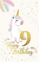 Happy birthday card with cute unicorn and gold number nine. Gentle unicorn Birthday template, greeting card, invitation vector