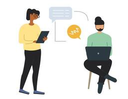Two people work together and discuss their tasks in front of their computers. Flat style illustration. Business people. vector