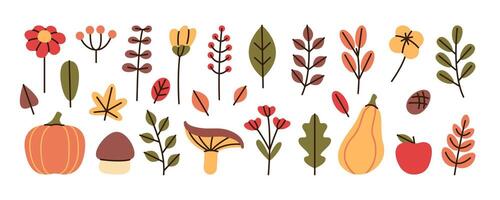 Simple autumn design elements set. Group of object is leaf, mushroom, flower, pumpkin. Concept of thanksgiving day, fall or autumn season sale. vector