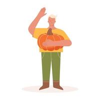Harvest people. Man stands with a pumpkin in his hands on a white background vector