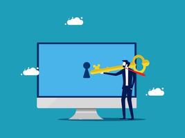 businessman holding key to computer screen with cloud vector