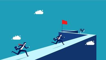 businessman running to the top of the hill with a red flag vector