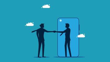 two people shaking hands with a phone in the background vector