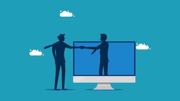 two businessmen shaking hands on a computer screen vector