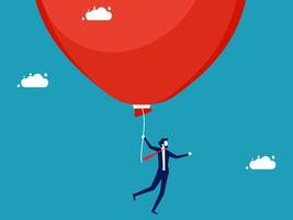 a man is flying on a red balloon with clouds in the background vector