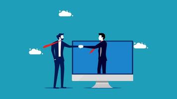 two businessmen shaking hands on a computer screen vector