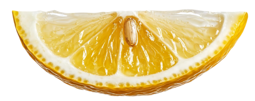 A Fresh Slice of Lemon with a Transparent Background A Close-up View of a Ripe and Juicy Lemon Wedge png