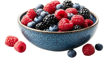 Fresh Raspberries, Blueberries, and Blackberries in a Blue Bowl with a Transparent Background png
