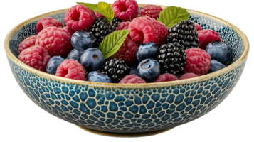 Fresh Raspberries, Blueberries, and Blackberries in a Blue Bowl with a Transparent Background png