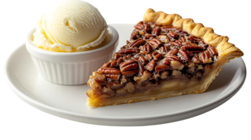 Pecan Pie Slice with a Scoop of Vanilla Ice Cream on a White Plate, Transparent Background png