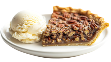Pecan Pie Slice with Vanilla Ice Cream on White Plate with a Transparent Background png