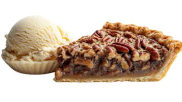 Pecan Pie Slice with Vanilla Ice Cream, A Delicious Treat with a Transparent Background png