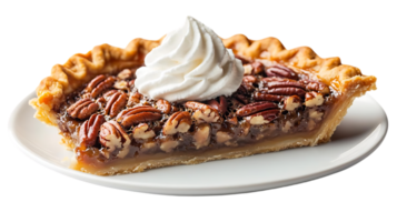 Delicious Pecan Pie Slice with Whipped Cream on a White Plate, Transparent Background png