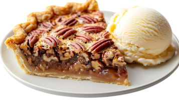Pecan Pie Slice with Vanilla Ice Cream on a White Plate with a Transparent Background png