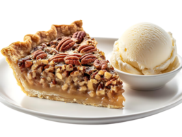 Pecan Pie Slice Served with a Scoop of Vanilla Ice Cream on a White Plate with Transparent Background png