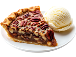 Pecan Pie Slice with Vanilla Ice Cream on a White Plate with a Transparent Background png