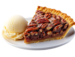 Pecan Pie Slice with Vanilla Ice Cream on a White Plate, Transparent Background png