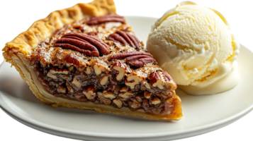 Pecan Pie Slice with a Scoop of Vanilla Ice Cream, a Delicious Dessert with a Transparent Background png
