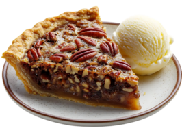 Delicious Pecan Pie Slice with Vanilla Ice Cream on a Plate with a Transparent Background png