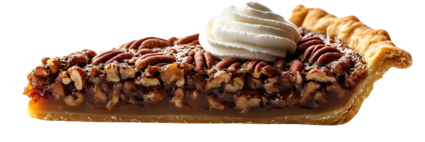 Pecan Pie Slice with Whipped Cream on a Transparent Background, Delicious Dessert with Pecans and a Golden Crust png