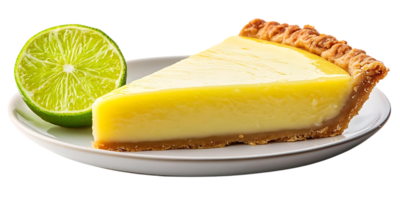Delicious Lemon Pie Slice on a White Plate with a Lime Wedge, A Refreshing Dessert with a Transparent Background png