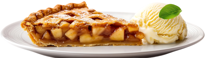 A Slice of Apple Pie with Vanilla Ice Cream on a White Plate, a Delicious Dessert with a Transparent Background png