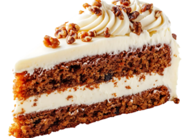 Delicious Carrot Cake Slice with Cream Cheese Frosting and Pecan Toppings - Transparent Background png