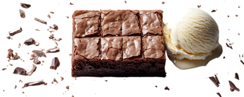Fudgy Brownie Topped with Creamy Vanilla Ice Cream and a Shower of Chocolate Shavings for a Delicious Dessert Experience, Against a Transparent Background png