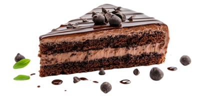 Chocolate Cake Slice with Drizzle and Chocolate Chips, Transparent Background png