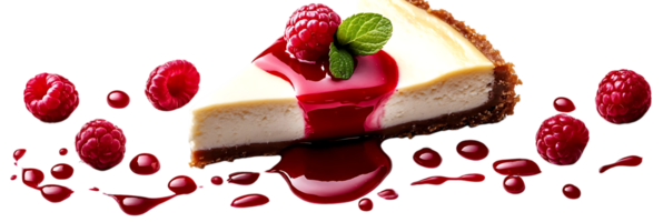 A Slice of Raspberry Cheesecake with Drizzled Sauce and Transparent Background png