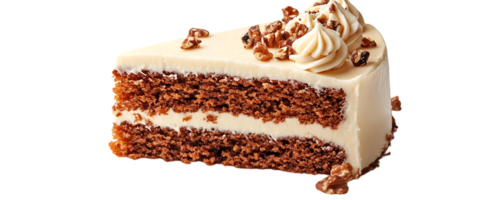 Pecan-Topped Cake Slice with Creamy Frosting on a Transparent Background png
