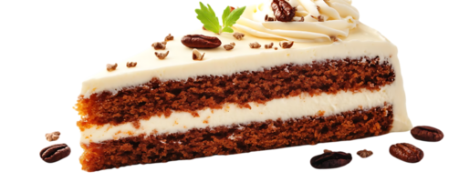Delicious Slice of Caramel Cake with Pecans and Whipped Cream, on a Transparent Background png
