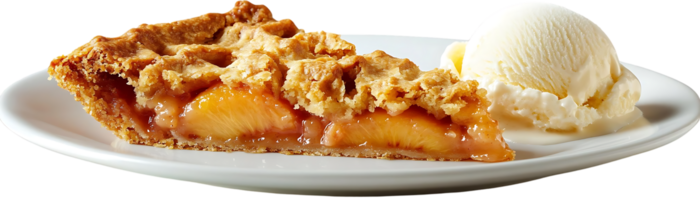 Delicious Peach Pie with a Scoop of Vanilla Ice Cream on a White Plate, Transparent Background png
