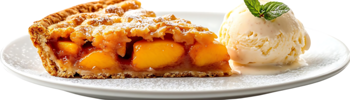 Delicious Peach Pie with a Scoop of Vanilla Ice Cream, Served on a Plate with Powdered Sugar, Transparent Background png