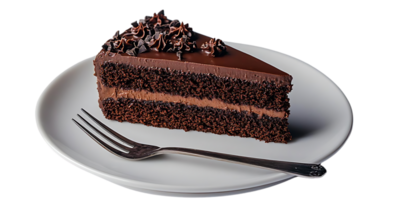 A Delicious Slice of Chocolate Cake on a White Plate with a Transparent Background png