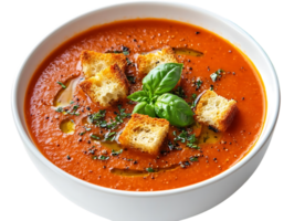 Gazpacho Soup with Croutons and Basil on Transparent Background, Delicious Summer Soup with Red Tomatoes and Herbs png