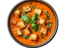 Tomato Basil Soup with Croutons on a Transparent Background png