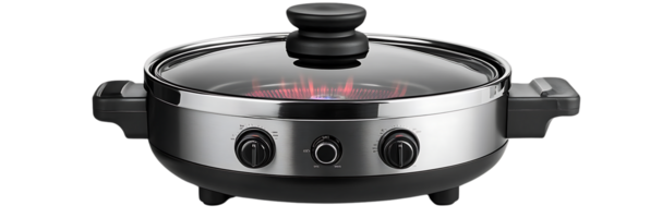 Electric Skillet with Transparent Background, Features Glass Lid for Easy Viewing and Control Knobs for Temperature Adjustment png